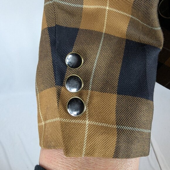 Atrium Collection Brown Navy Plaid Vintage Blazer High Neck Pockets Sz 11/12 - Picture 6 of 9